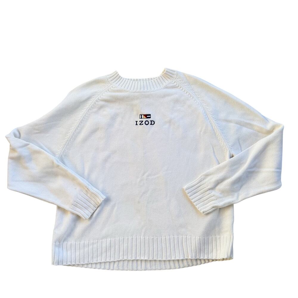 Vtg 1990s White Knit Sweater Embroidered Logo Crewneck Preppy Classic XL